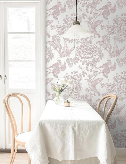 Pink Peel and Stick Wallpaper Floral Birds Butterfly Contact Paper 17.3"x78.7" Vintage Wall Paper Self Adhesive Removable Wallpaper for Bedroom Bathroom Laundry Room Farmhouse Vinyl Rolls