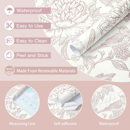 Pink Peel and Stick Wallpaper Floral Birds Butterfly Contact Paper 17.3"x78.7" Vintage Wall Paper Self Adhesive Removable Wallpaper for Bedroom Bathroom Laundry Room Farmhouse Vinyl Rolls
