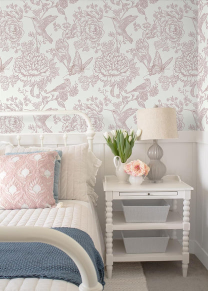 Pink Peel and Stick Wallpaper Floral Birds Butterfly Contact Paper 17.3"x78.7" Vintage Wall Paper Self Adhesive Removable Wallpaper for Bedroom Bathroom Laundry Room Farmhouse Vinyl Rolls