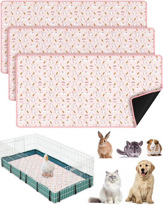3 Packs Guinea Pig Cage Liners, 47''X24'' Washable Guinea Pig Pee Pads Non Slip Reusable Fast and Super Absorbent Bedding for Small Animals Rabbit Hamster Chinchillas Rat - Pink