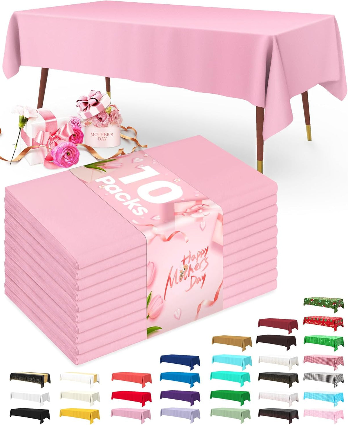 Plastic Table Cloth Disposable 10 Pack, 54 x 108 Inch Table Cloths, Easter Party, Valentines, Mothers Day Decorations, Tablecloths, Rectangle, Pastel Plastic Cover, Leakproof & Sturdy, Pink