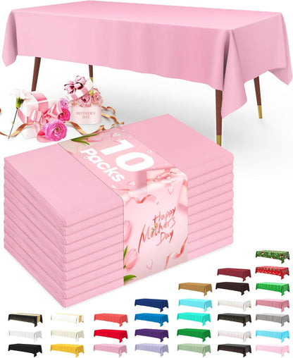 Plastic Table Cloth Disposable 10 Pack, 54 x 108 Inch Table Cloths, Easter Party, Valentines, Mothers Day Decorations, Tablecloths, Rectangle, Pastel Plastic Cover, Leakproof & Sturdy, Pink