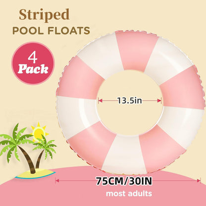 4PCS Floats for Adults Rings Striped Pool Float Large Swim Ring for Adults,30 Inch Classic Striped Teens Adult Inner Tubes Summer Beach Bachelorette Party