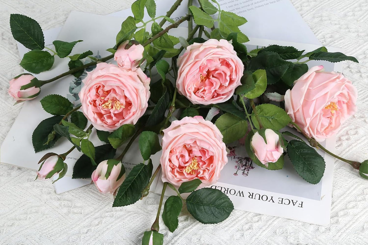 Real Touch Pink Austin Roses Peonies Artificial Flowers 4 Bouquets Latex Fake Peonies with Long Stem Realistic Faux Peonies Flower for Wedding Party Home Table Centerpieces Decorations (Pink)
