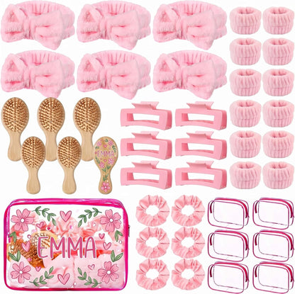 42 Pcs Pink Party Favors Spa Headband, Wristband, Bamboo Hairbrush, Hair Clip, Scrunchie, Toiletry Bag Bridesmaid Proposal Gifts Sleepover Party Supplies for Slumber Spa Bachelorette Wedding