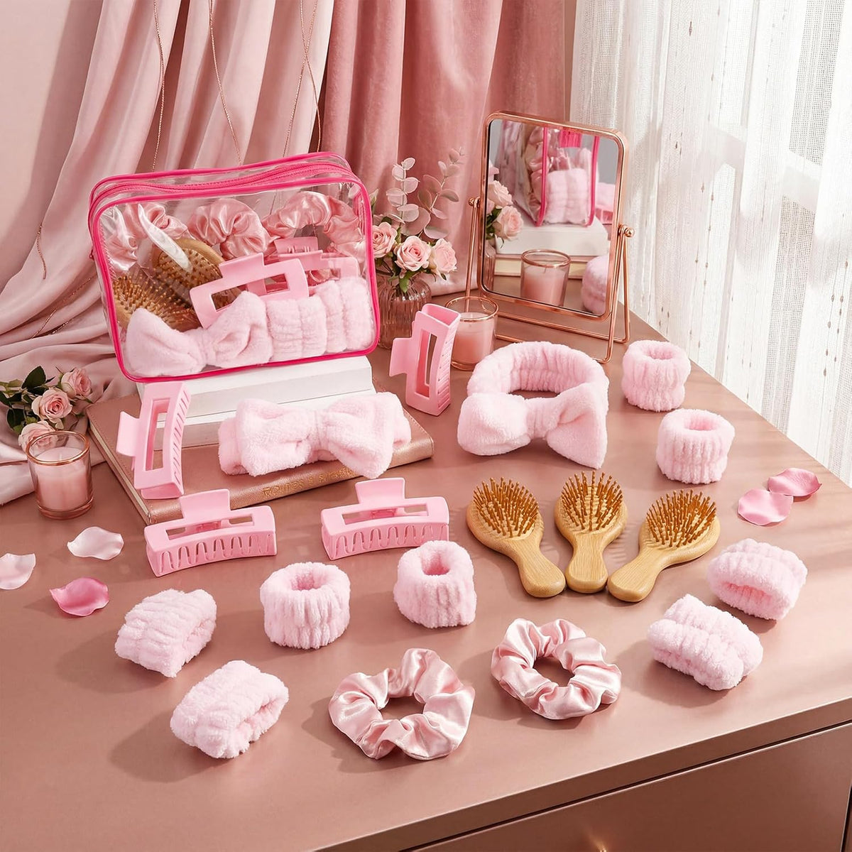 42 Pcs Pink Party Favors Spa Headband, Wristband, Bamboo Hairbrush, Hair Clip, Scrunchie, Toiletry Bag Bridesmaid Proposal Gifts Sleepover Party Supplies for Slumber Spa Bachelorette Wedding