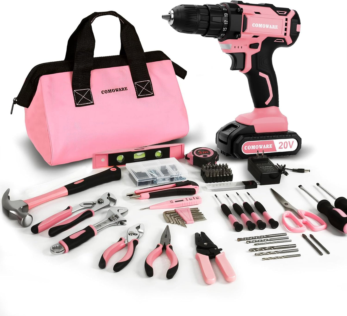 20V Cordless Drill Set, 171Pcs Pink Home Tool Set with Cordless Drill Driver, Complete Repair Tool Kit for Women, Pink Storage Bag, Ideal for Office, Garden, DIY Project
