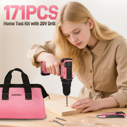 20V Cordless Drill Set, 171Pcs Pink Home Tool Set with Cordless Drill Driver, Complete Repair Tool Kit for Women, Pink Storage Bag, Ideal for Office, Garden, DIY Project