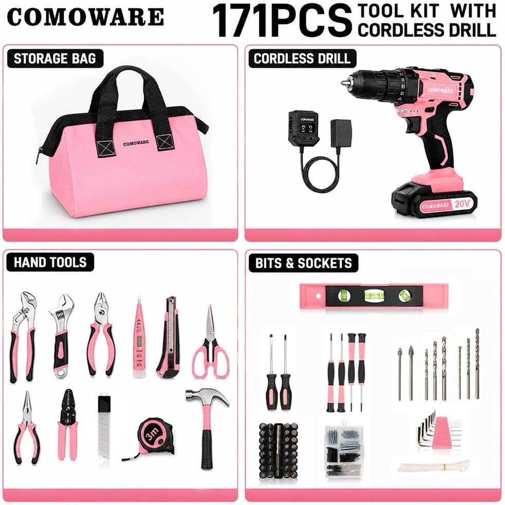 20V Cordless Drill Set, 171Pcs Pink Home Tool Set with Cordless Drill Driver, Complete Repair Tool Kit for Women, Pink Storage Bag, Ideal for Office, Garden, DIY Project