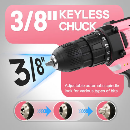 20V Cordless Drill Set, 171Pcs Pink Home Tool Set with Cordless Drill Driver, Complete Repair Tool Kit for Women, Pink Storage Bag, Ideal for Office, Garden, DIY Project