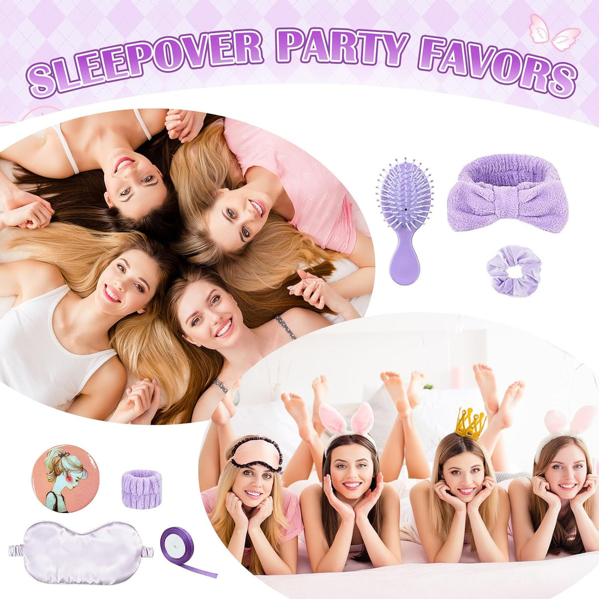 65 Pcs Sleepover Party Supplies for Women Include Spa Headband Sleep Eye Mask Pink Scrunchie with Coquette Bow Mirror Hair Comb Gift Bags for DIY Spa Sleepover Slumber Wedding Birthday Party Favors