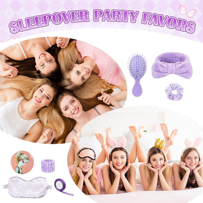 65 Pcs Sleepover Party Supplies for Women Include Spa Headband Sleep Eye Mask Pink Scrunchie with Coquette Bow Mirror Hair Comb Gift Bags for DIY Spa Sleepover Slumber Wedding Birthday Party Favors