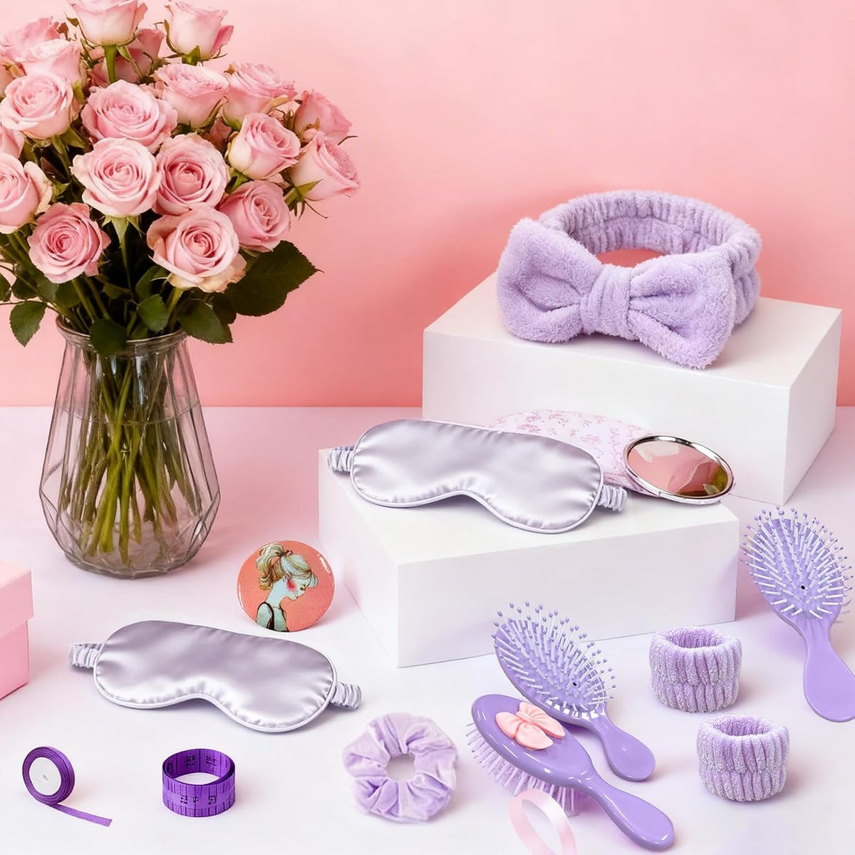 65 Pcs Sleepover Party Supplies for Women Include Spa Headband Sleep Eye Mask Pink Scrunchie with Coquette Bow Mirror Hair Comb Gift Bags for DIY Spa Sleepover Slumber Wedding Birthday Party Favors