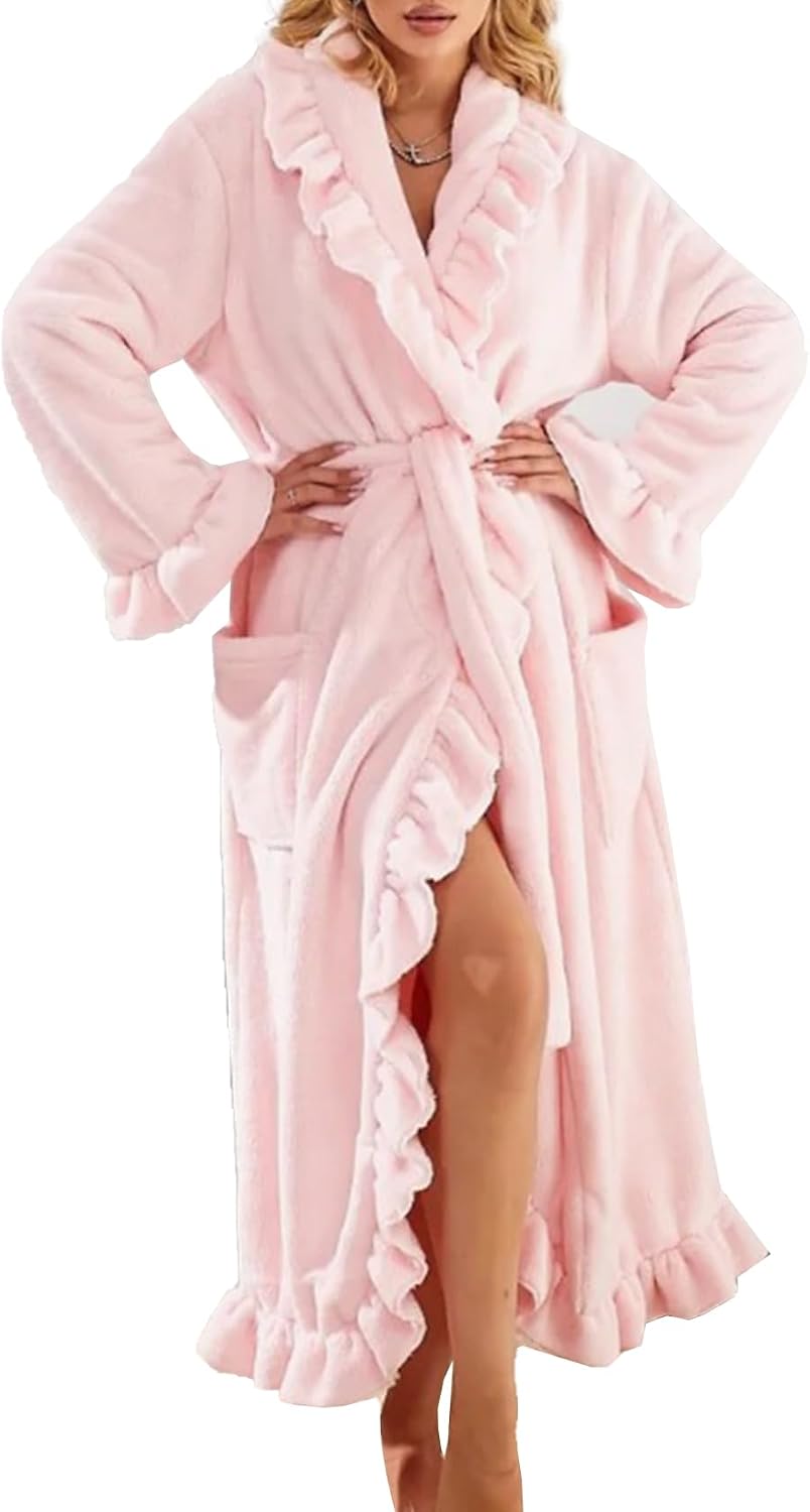 Ruffle Robe for Women Cute Fluffy Fuzzy Plush Robes Warm Soft Long Bathrobe Sleepwear