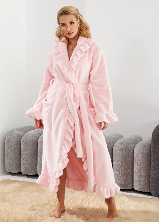Ruffle Robe for Women Cute Fluffy Fuzzy Plush Robes Warm Soft Long Bathrobe Sleepwear