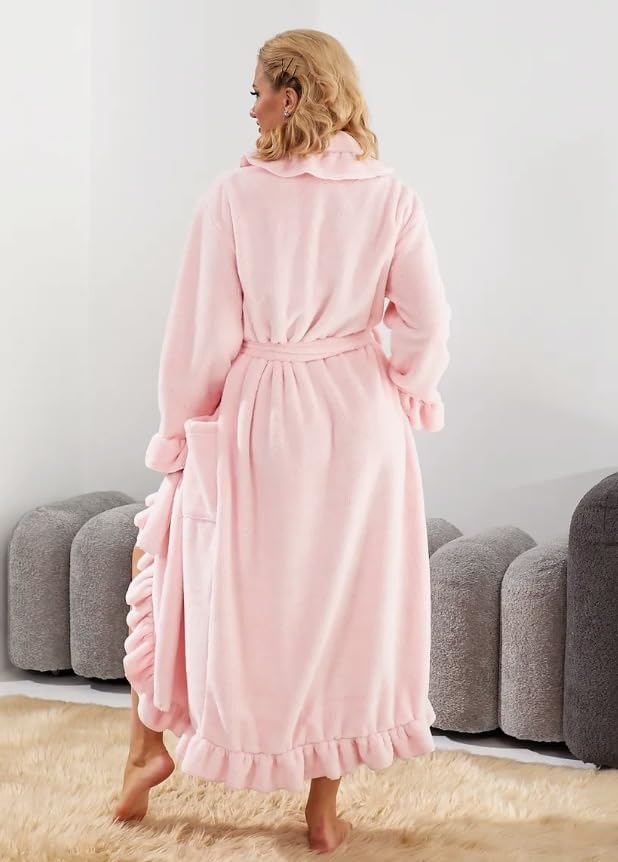 Ruffle Robe for Women Cute Fluffy Fuzzy Plush Robes Warm Soft Long Bathrobe Sleepwear