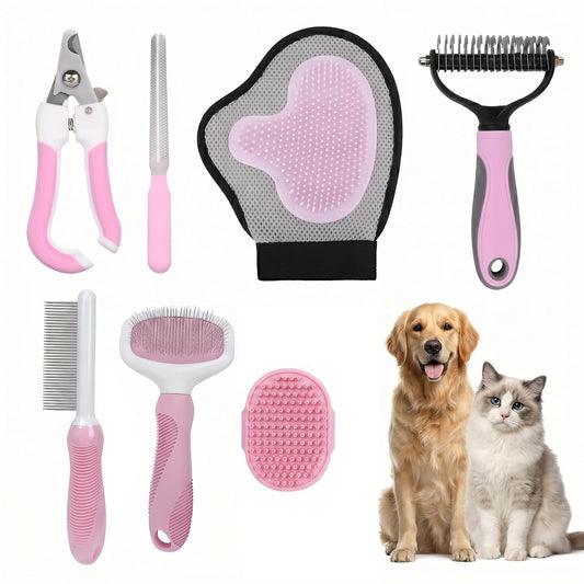 Pet Grooming Kit, 7 Piece Dog Brush for Shedding-Dog Brushes for Grooming, Dematting Comb for Dogs, Cat Nail Clipper with Nail File, Flea Comb, Bath Brush Pink