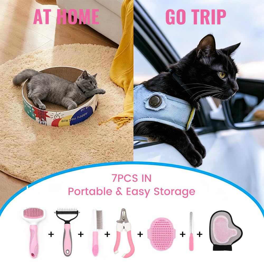 Pet Grooming Kit, 7 Piece Dog Brush for Shedding-Dog Brushes for Grooming, Dematting Comb for Dogs, Cat Nail Clipper with Nail File, Flea Comb, Bath Brush Pink