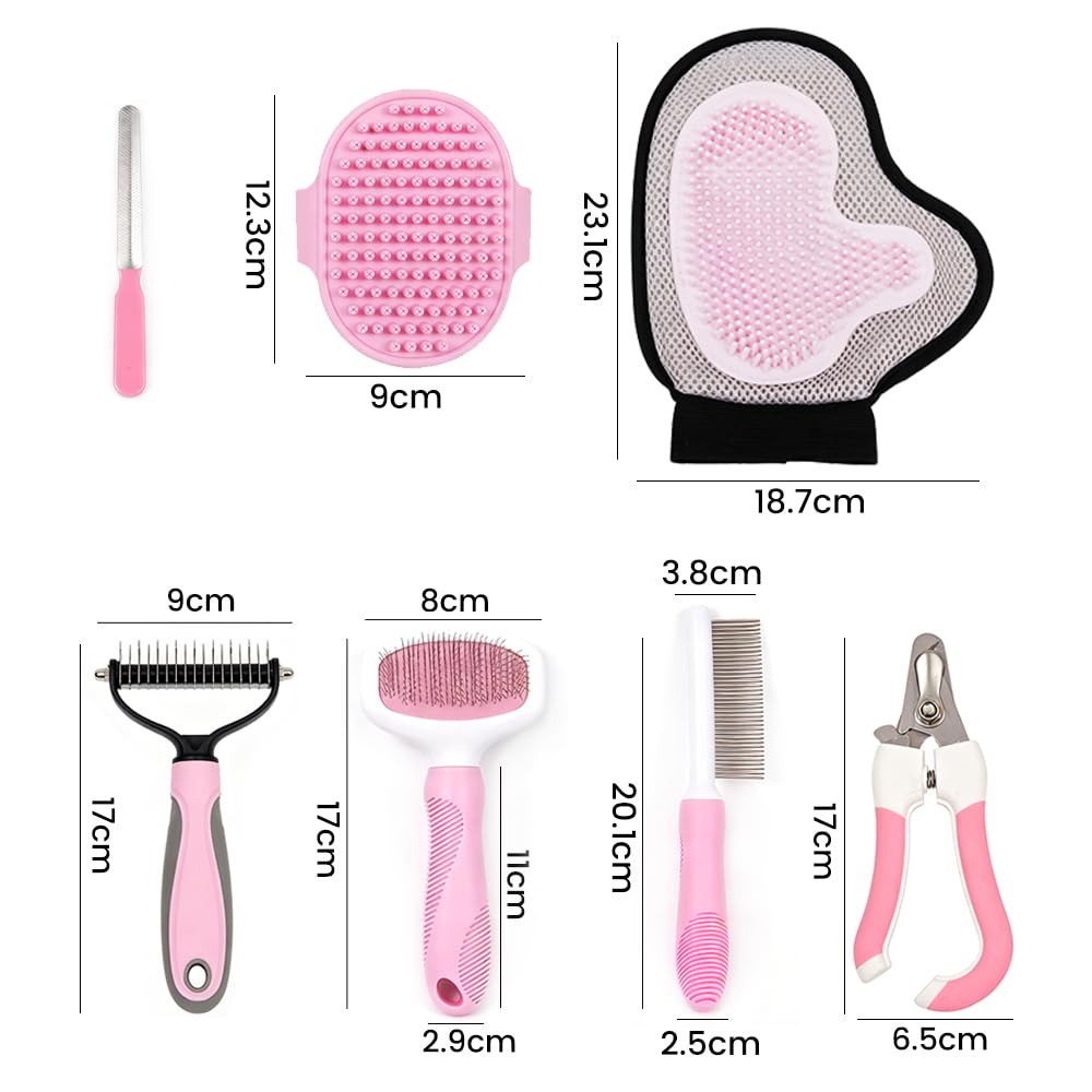 Pet Grooming Kit, 7 Piece Dog Brush for Shedding-Dog Brushes for Grooming, Dematting Comb for Dogs, Cat Nail Clipper with Nail File, Flea Comb, Bath Brush Pink