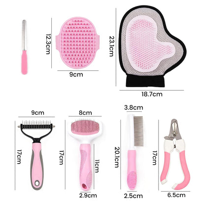 Pet Grooming Kit, 7 Piece Dog Brush for Shedding-Dog Brushes for Grooming, Dematting Comb for Dogs, Cat Nail Clipper with Nail File, Flea Comb, Bath Brush Pink