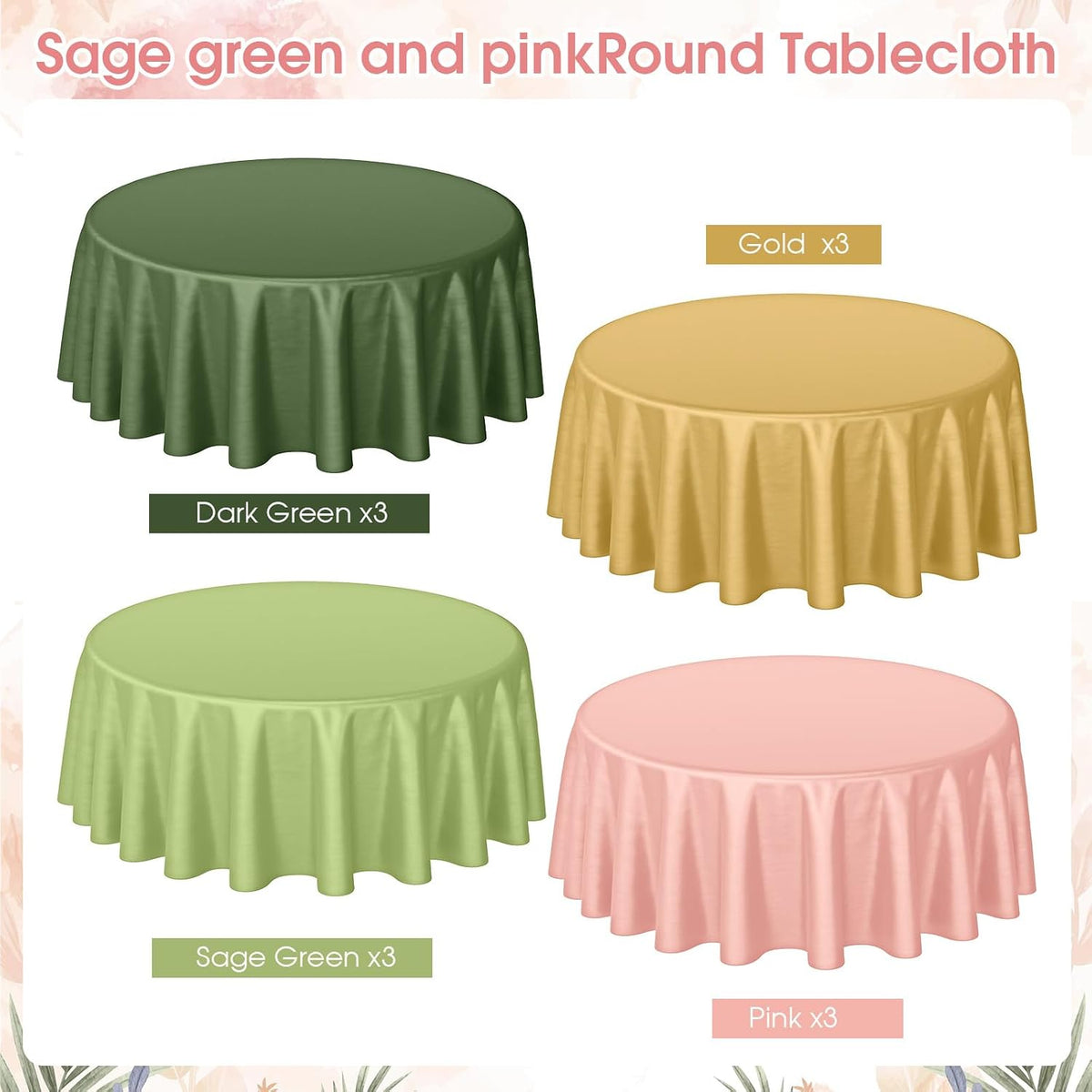12 Pcs 84 Inch Sage Green Pink Gold Round Plastic Disposable Table Cloth Waterproof Tablecloth Circle Table Covers for Bridal Wedding Birthday Party Gender Reveal Baby Shower