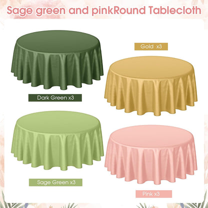 12 Pcs 84 Inch Sage Green Pink Gold Round Plastic Disposable Table Cloth Waterproof Tablecloth Circle Table Covers for Bridal Wedding Birthday Party Gender Reveal Baby Shower