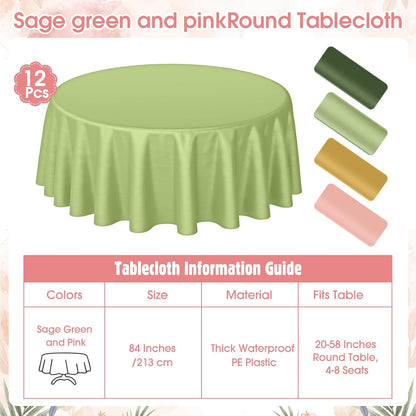12 Pcs 84 Inch Sage Green Pink Gold Round Plastic Disposable Table Cloth Waterproof Tablecloth Circle Table Covers for Bridal Wedding Birthday Party Gender Reveal Baby Shower