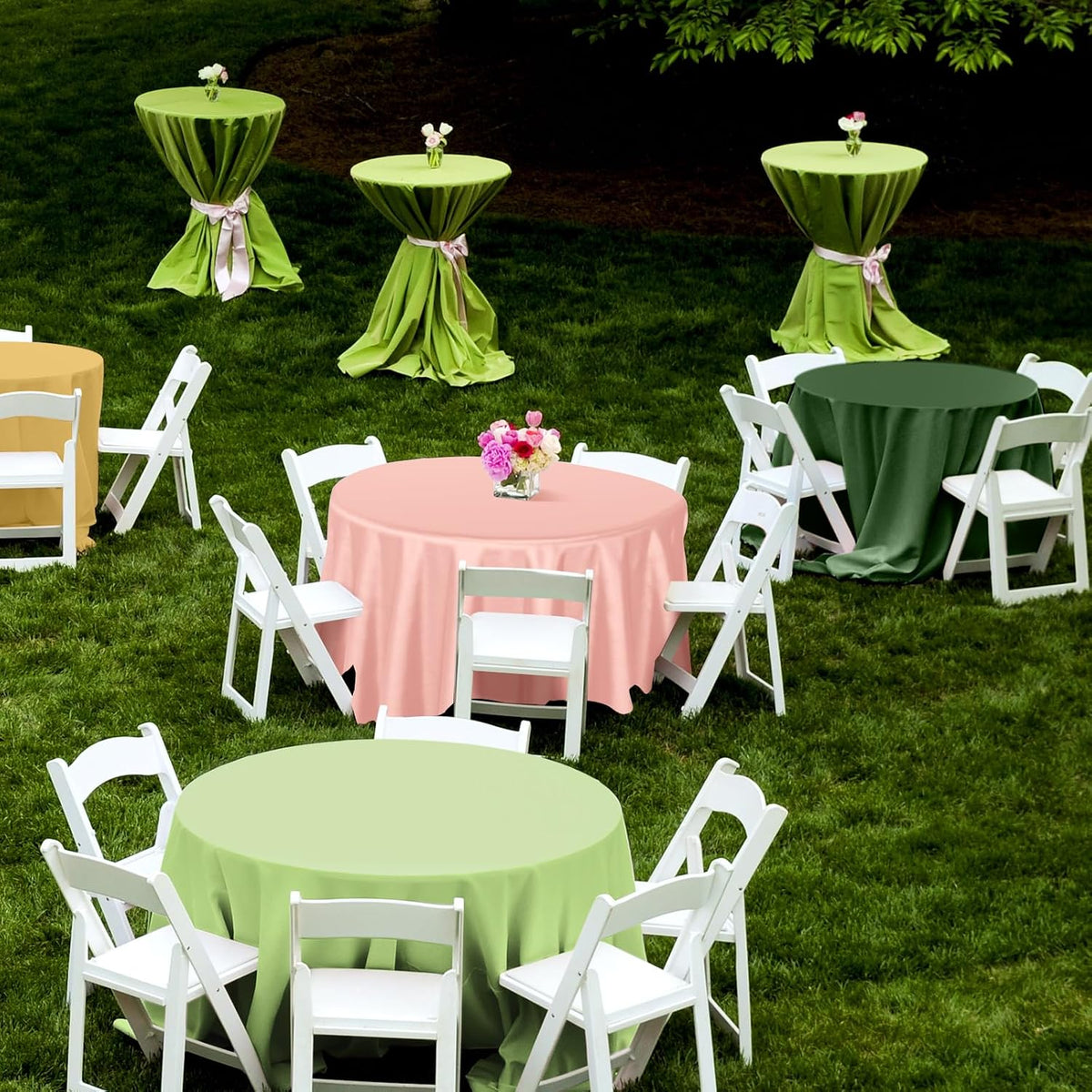 12 Pcs 84 Inch Sage Green Pink Gold Round Plastic Disposable Table Cloth Waterproof Tablecloth Circle Table Covers for Bridal Wedding Birthday Party Gender Reveal Baby Shower