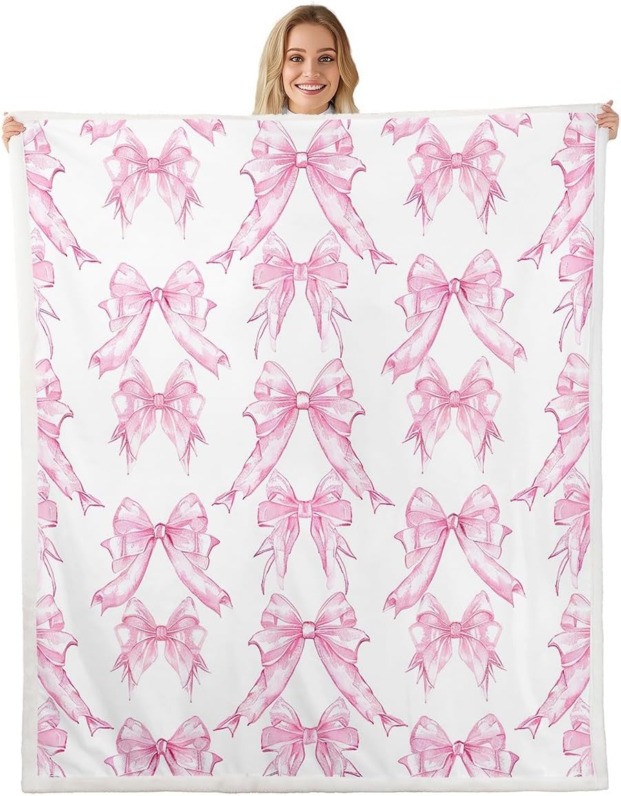 Pink Bows Sherpa Blanket Plush Fuzzy 40"x50"
