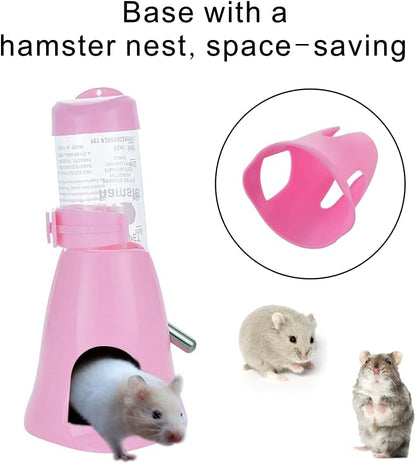 Guardians Hamster Water Bottle, Little Pet Automatic Drinking Bottle with Food Container Base Hut Hanging Water Feeding Bottles Auto Dispenser for Small Animals(80ml,Pink)