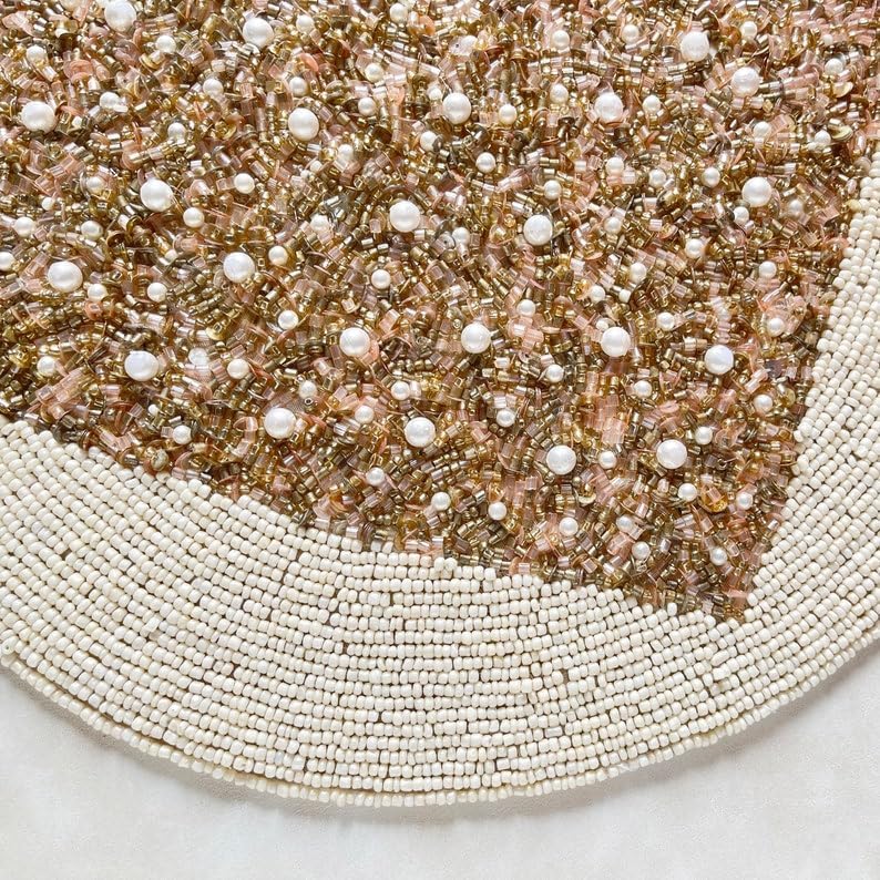 Handmade Valentine's Day Special Beaded Placemat, Peach Gold Heart Shape, Round Mat (Set of 6) (14 inch)