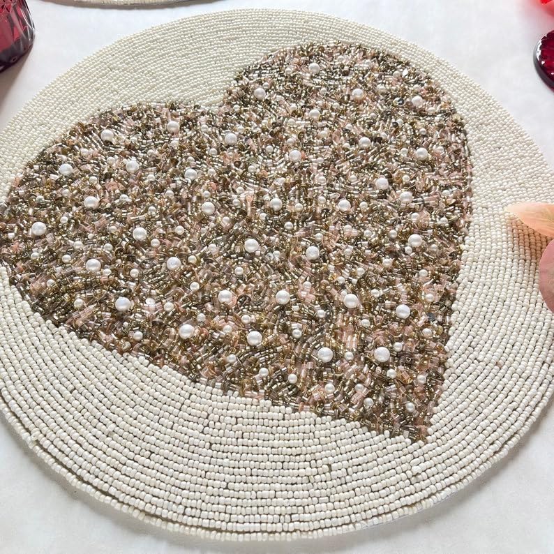 Handmade Valentine's Day Special Beaded Placemat, Peach Gold Heart Shape, Round Mat (Set of 6) (14 inch)