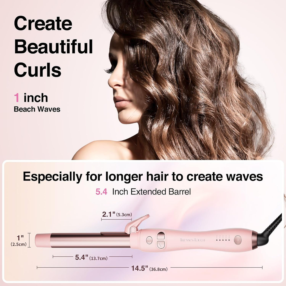 Extra-Long Barrel Rotating Curling Iron with Short Clamp, Automatic Curling Iron 1 Inch Creates Loose Curls – for Medium and Long Hair, High Heat 410°F, Instant Heat up, Double Ceramic, Dual Voltage