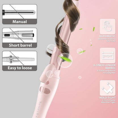 Extra-Long Barrel Rotating Curling Iron with Short Clamp, Automatic Curling Iron 1 Inch Creates Loose Curls – for Medium and Long Hair, High Heat 410°F, Instant Heat up, Double Ceramic, Dual Voltage