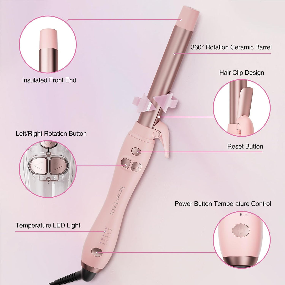 Extra-Long Barrel Rotating Curling Iron with Short Clamp, Automatic Curling Iron 1 Inch Creates Loose Curls – for Medium and Long Hair, High Heat 410°F, Instant Heat up, Double Ceramic, Dual Voltage