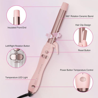 Extra-Long Barrel Rotating Curling Iron with Short Clamp, Automatic Curling Iron 1 Inch Creates Loose Curls – for Medium and Long Hair, High Heat 410°F, Instant Heat up, Double Ceramic, Dual Voltage