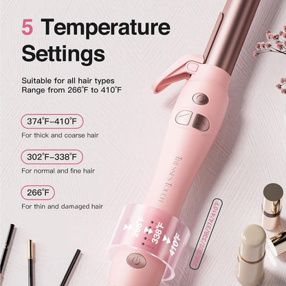 Extra-Long Barrel Rotating Curling Iron with Short Clamp, Automatic Curling Iron 1 Inch Creates Loose Curls – for Medium and Long Hair, High Heat 410°F, Instant Heat up, Double Ceramic, Dual Voltage