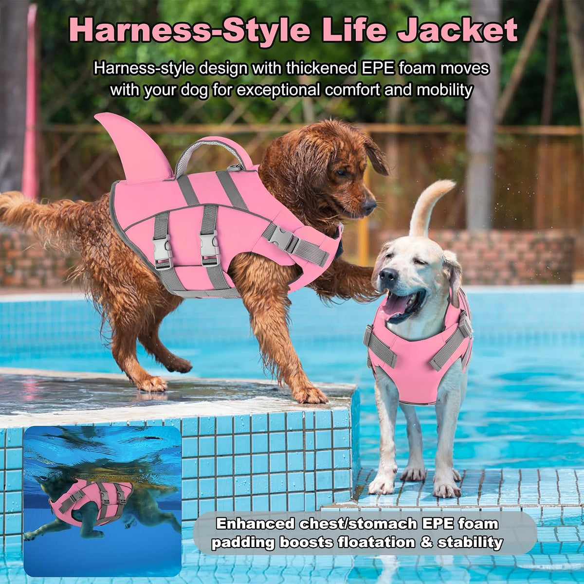 Dog Life Vest Shark, Life Jacket for Dogs, Swim Vest- Lt Pink,M