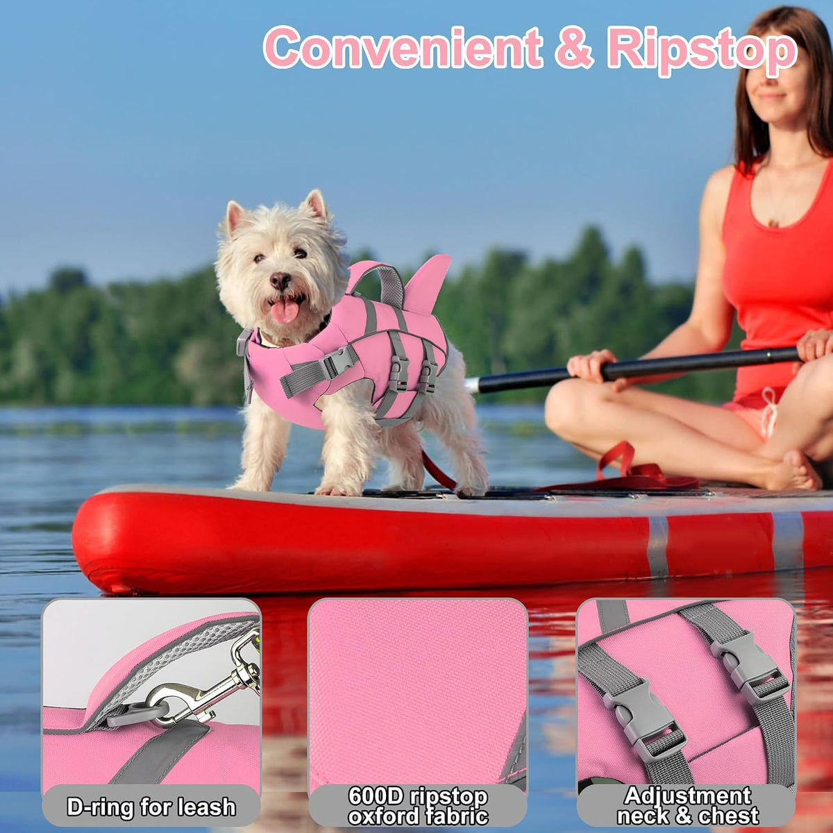 Dog Life Vest Shark, Life Jacket for Dogs, Swim Vest- Lt Pink,M