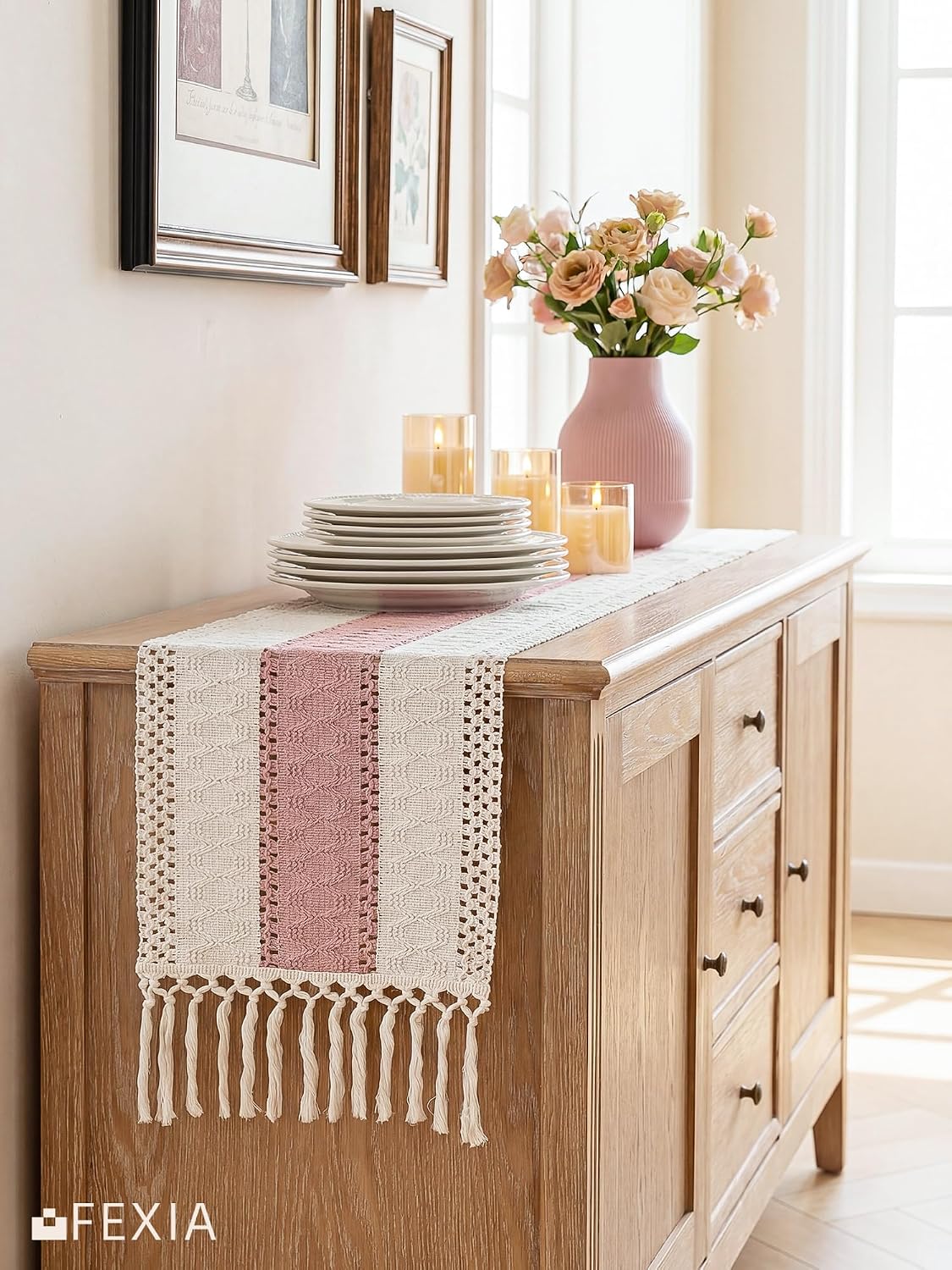 Boho Table Runner for Home Decor 12x72 Pink Fall Farmhouse Decor