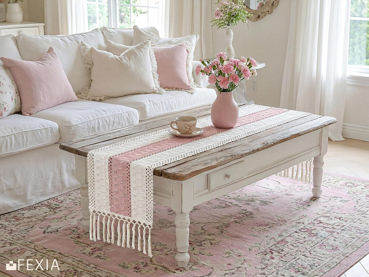 Boho Table Runner for Home Decor 12x72 Pink Fall Farmhouse Decor