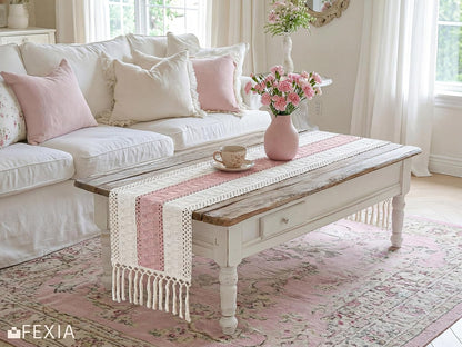 Boho Table Runner for Home Decor 12x72 Pink Fall Farmhouse Decor