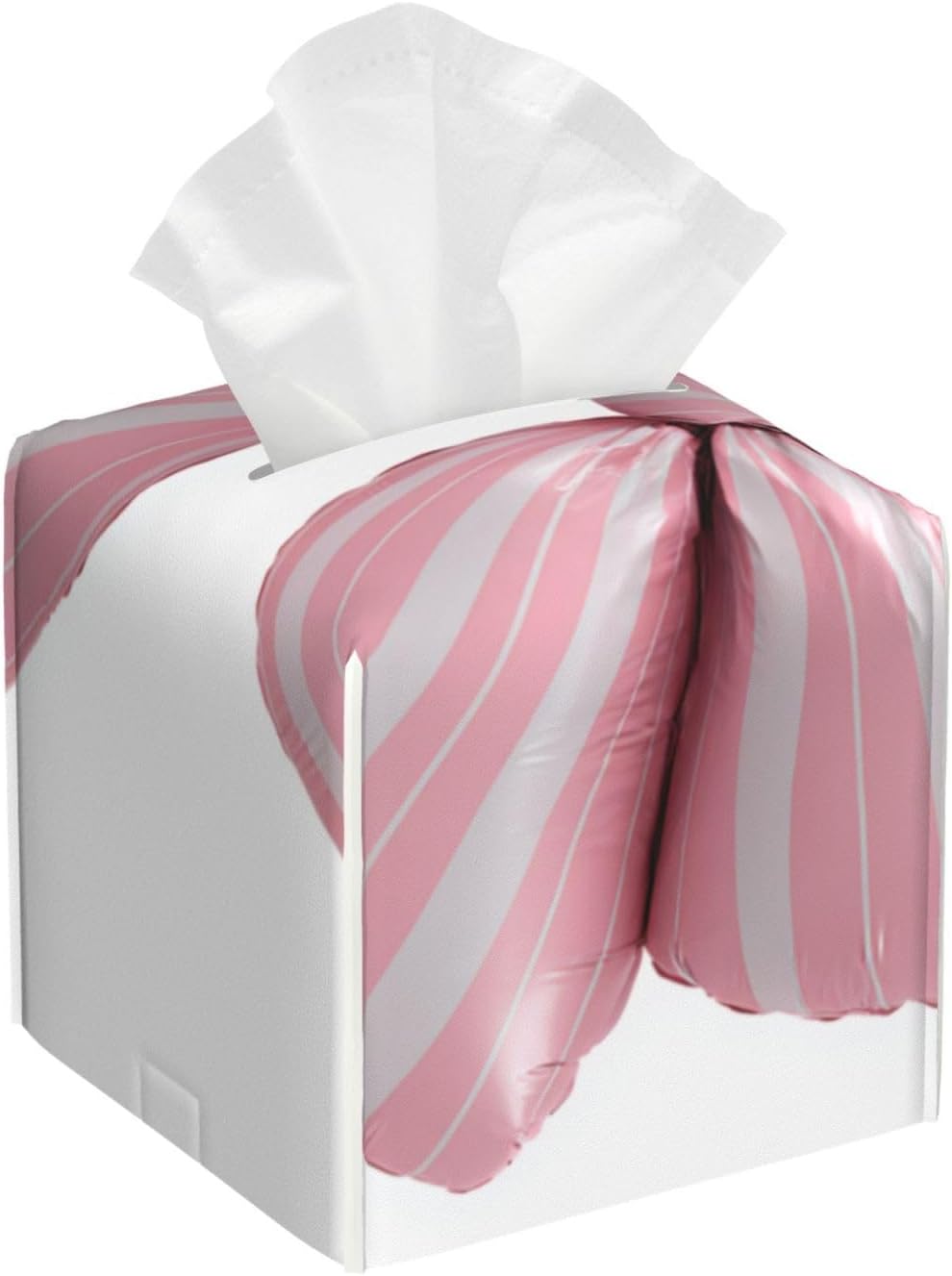Light Pink Bow Balloon Candy Stripe Pattern Tissue Box Cover Square Pu Leather Waterproof Tissue Box Holder for Car Bathroom Bedroom Office Tabletop Decor