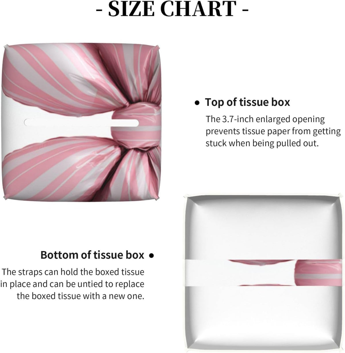Light Pink Bow Balloon Candy Stripe Pattern Tissue Box Cover Square Pu Leather Waterproof Tissue Box Holder for Car Bathroom Bedroom Office Tabletop Decor