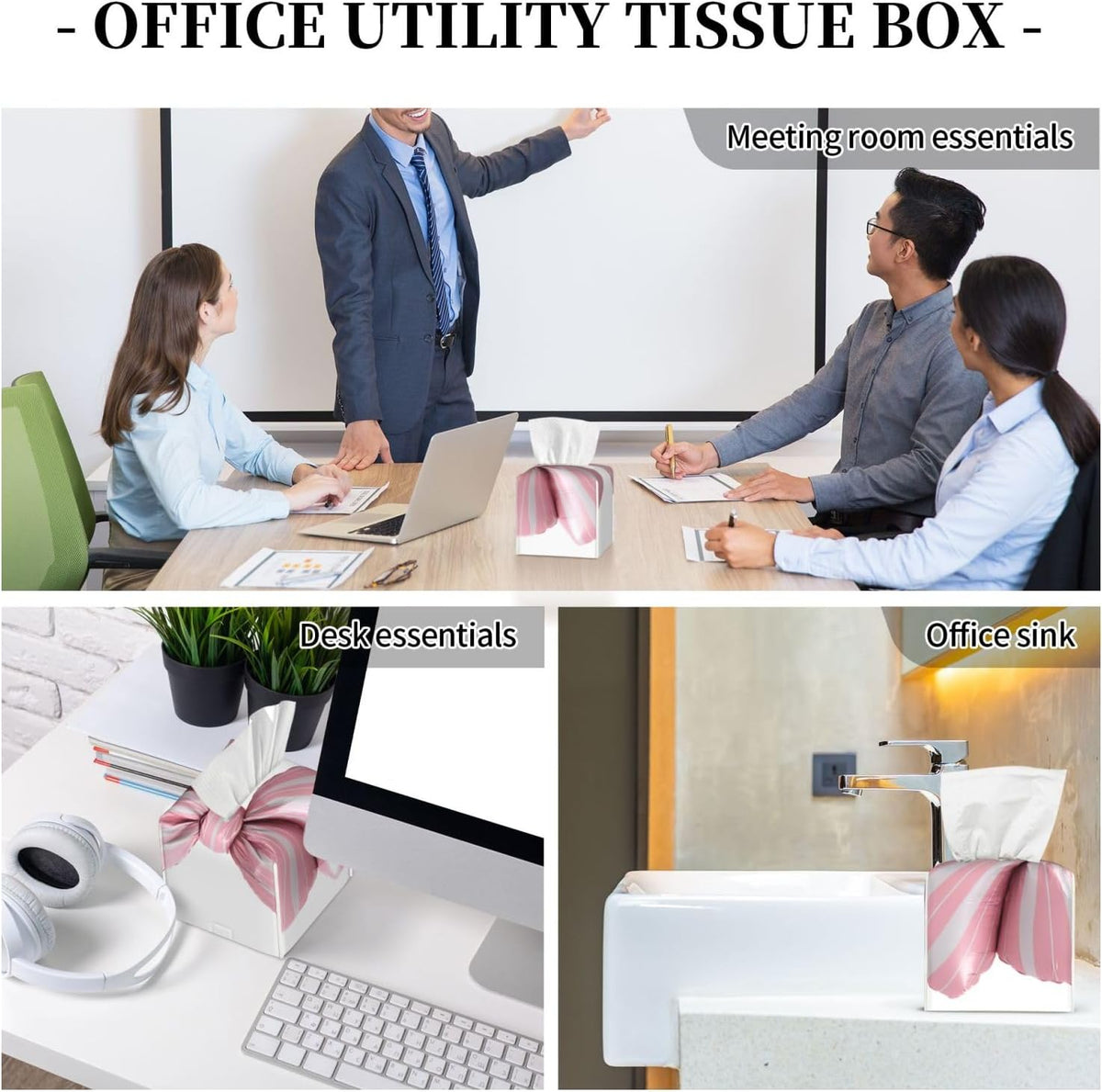 Light Pink Bow Balloon Candy Stripe Pattern Tissue Box Cover Square Pu Leather Waterproof Tissue Box Holder for Car Bathroom Bedroom Office Tabletop Decor