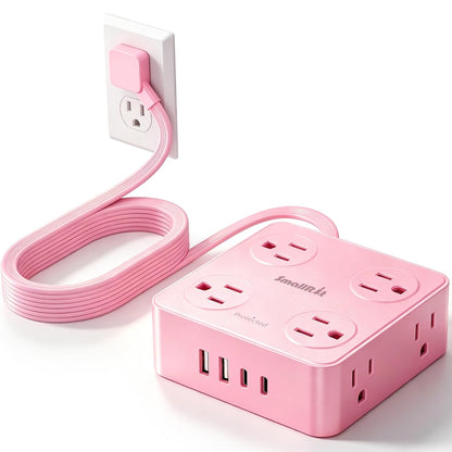 Power Strip, Extension Cord with Multiple Outlets, 10FT Flat Plug Power Strip with USB Ports, 8 Outlets, Outlet Extender for Home Office, Pink