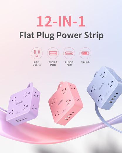 Power Strip, Extension Cord with Multiple Outlets, 10FT Flat Plug Power Strip with USB Ports, 8 Outlets, Outlet Extender for Home Office, Pink