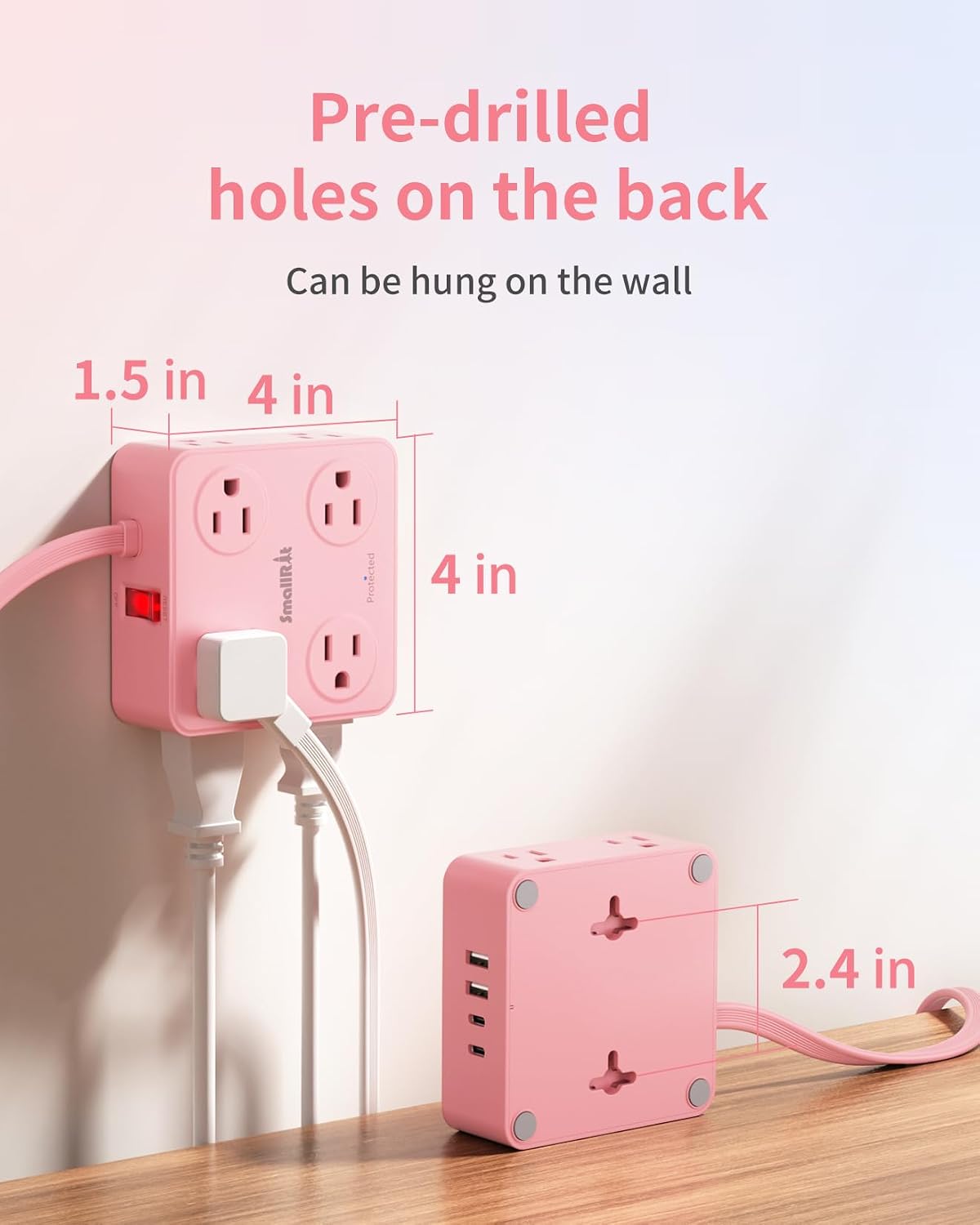 Power Strip, Extension Cord with Multiple Outlets, 10FT Flat Plug Power Strip with USB Ports, 8 Outlets, Outlet Extender for Home Office, Pink