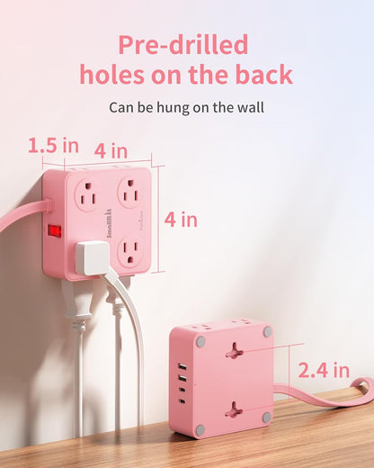 Power Strip, Extension Cord with Multiple Outlets, 10FT Flat Plug Power Strip with USB Ports, 8 Outlets, Outlet Extender for Home Office, Pink