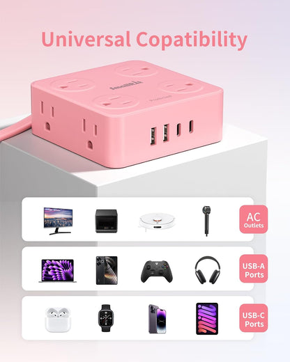 Power Strip, Extension Cord with Multiple Outlets, 10FT Flat Plug Power Strip with USB Ports, 8 Outlets, Outlet Extender for Home Office, Pink